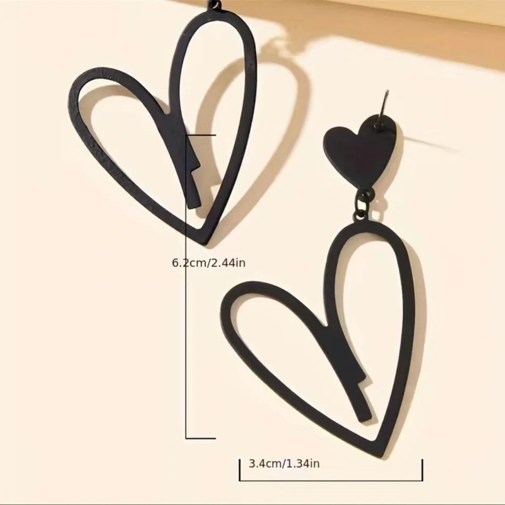 Black Matte Double Heart Drop Dangle Earrings Nwt